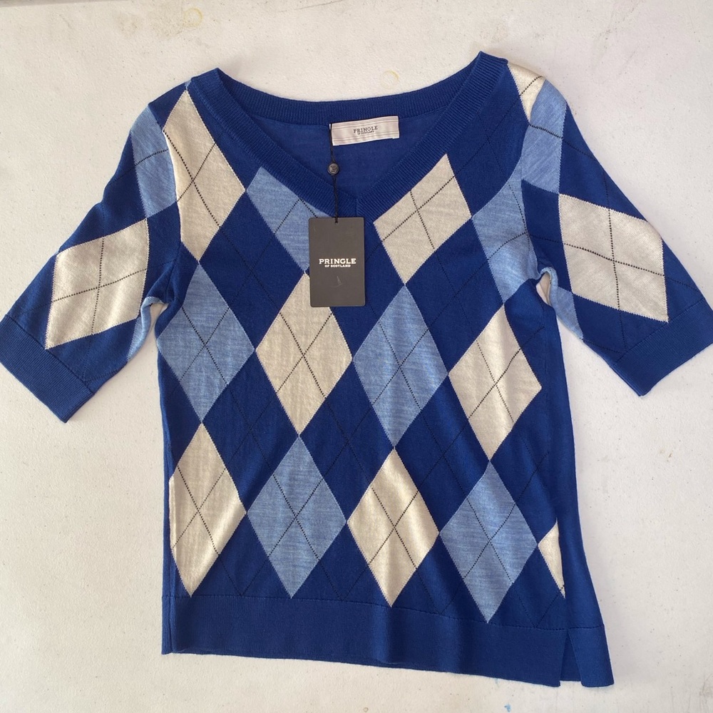 NWT Pringle of Scotland Asymmetrical Blue Argyle ShortSleeve Merino Wool Sweater
